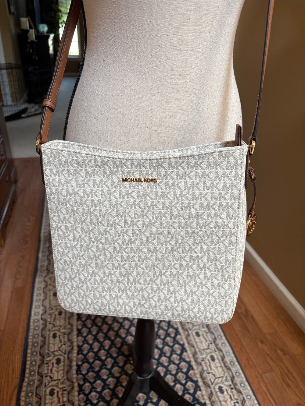 Michael Kors Cream Logo Crossbody with Brown Leather Strap